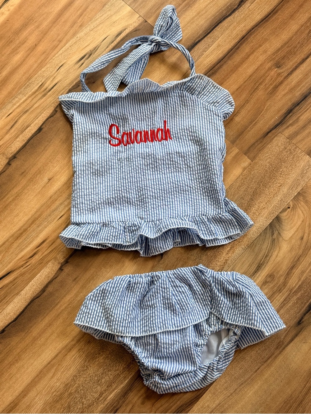 Blue Seersucker Ruffle Tank & Bloomers set with Red Embroidery “Savannah”
